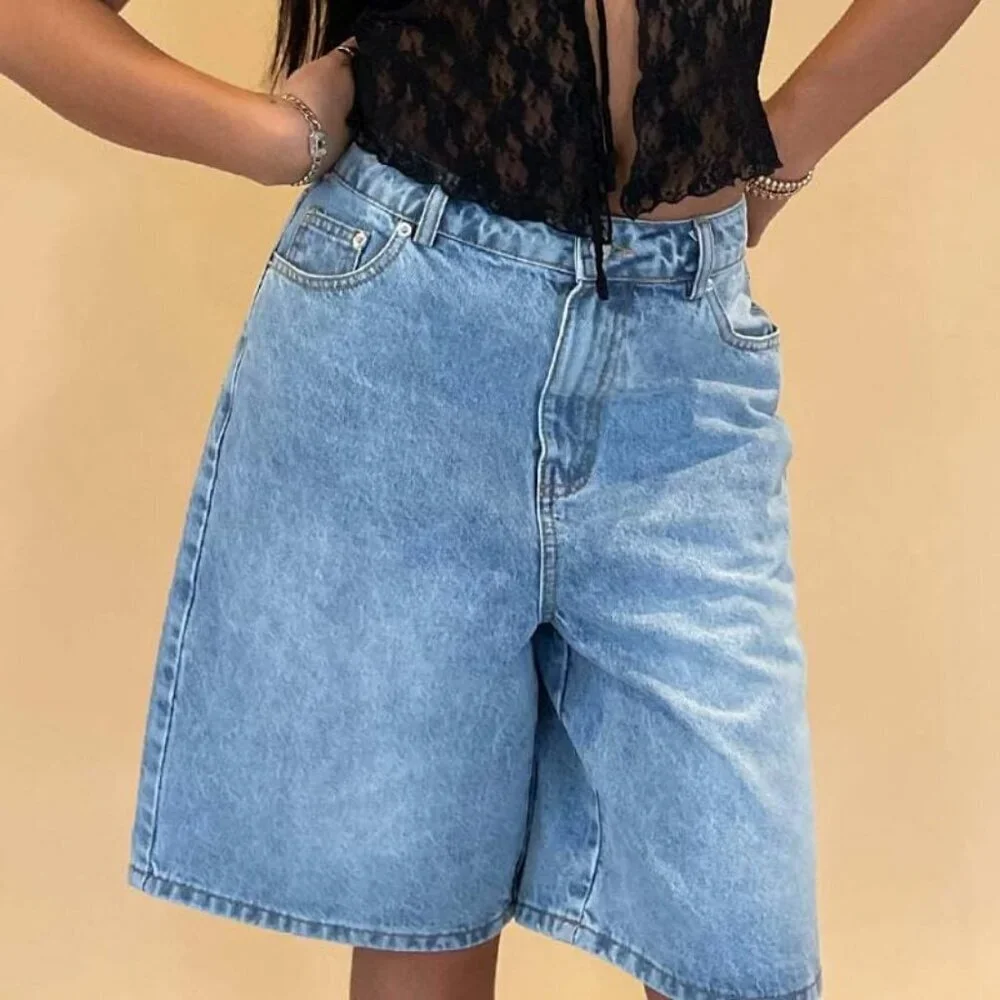 Women Wide Leg Baggy Denim Shorts Summer Vintage High-Rise Loose Fit Bermuda